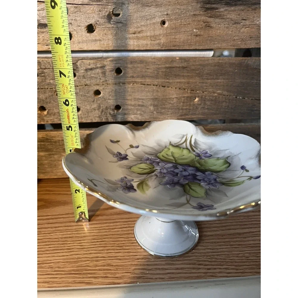 Antique PORCELAIN SMALL FOOTED COMPOTE Violets DECORATION Blue Floral Golden Rim